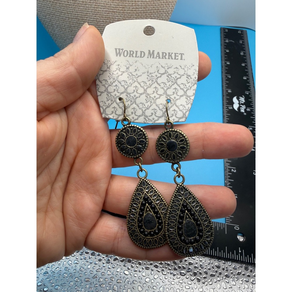 World Market Brass Tone Filigree Dangle Earrings Boho Statement 24309233
